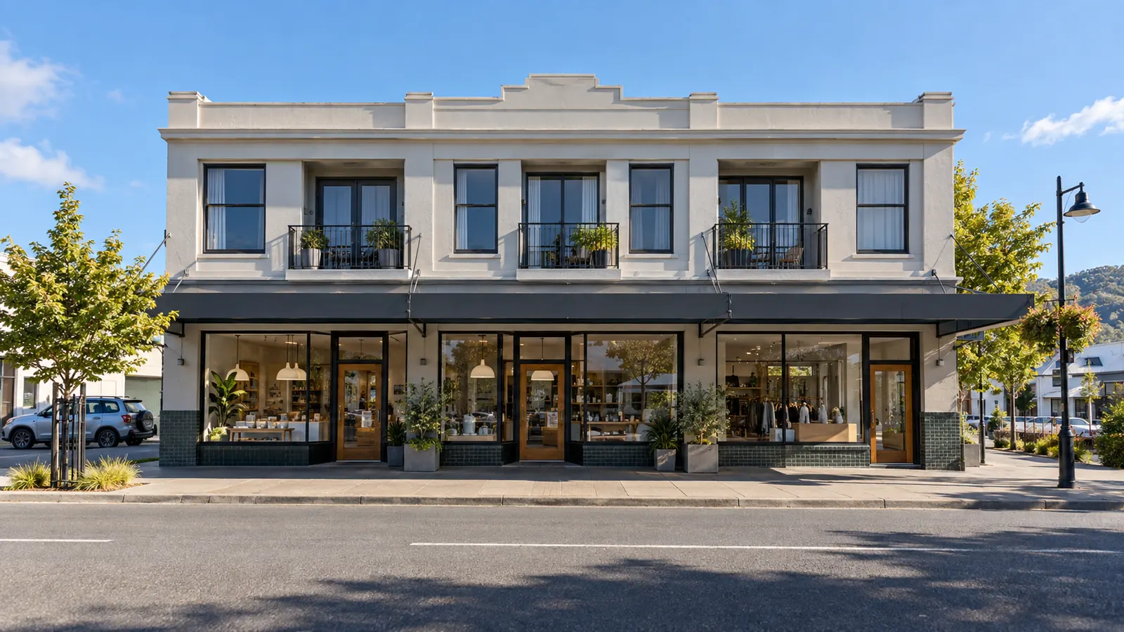 A mixed-use building with shops at street level and apartments above.