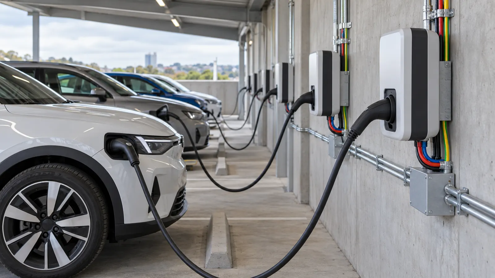 A row of wall-mounted EV chargers in a workplace car park, with cars plugged in.