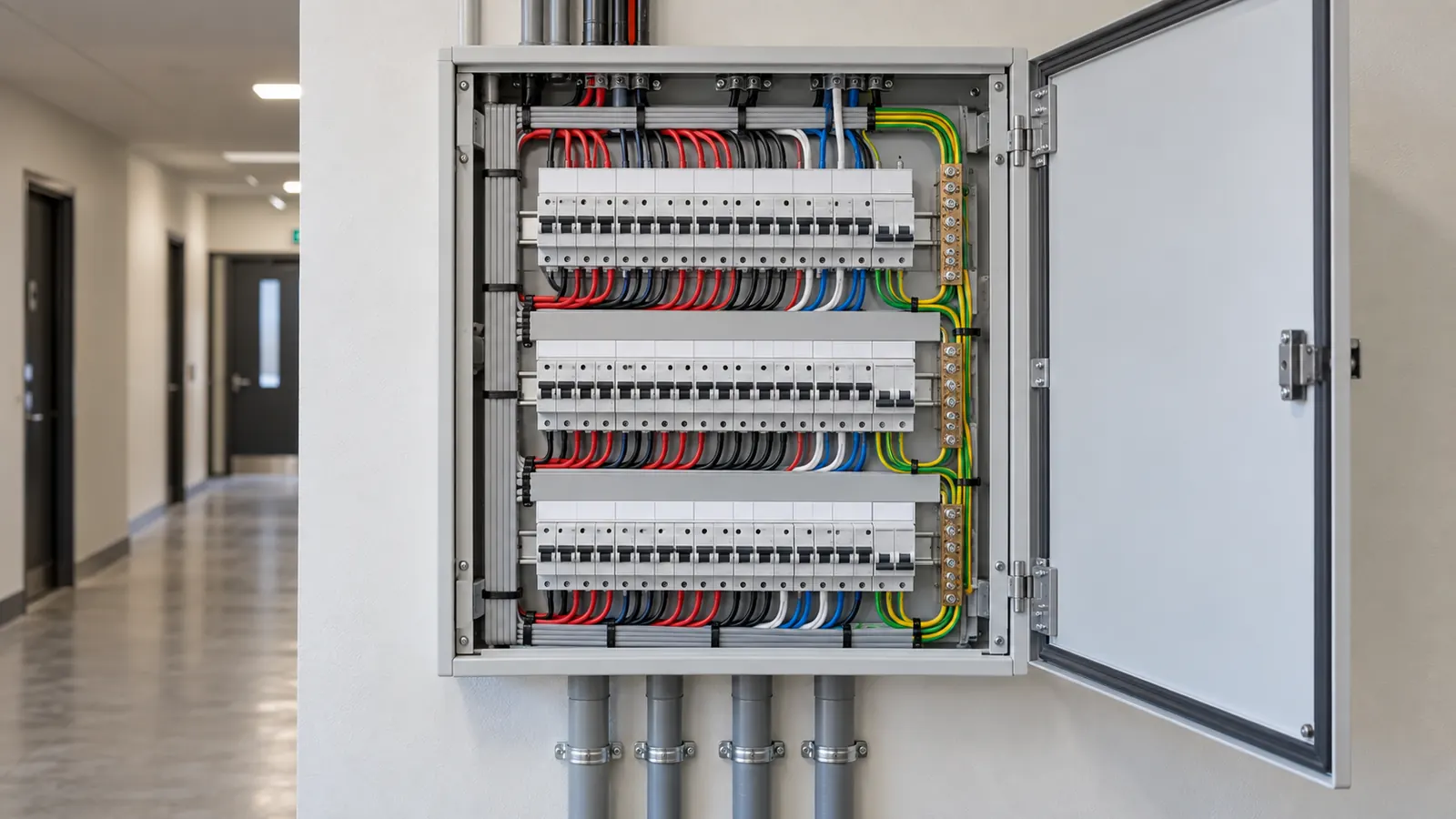 A commercial distribution board with its door open and three rows of circuit breakers.