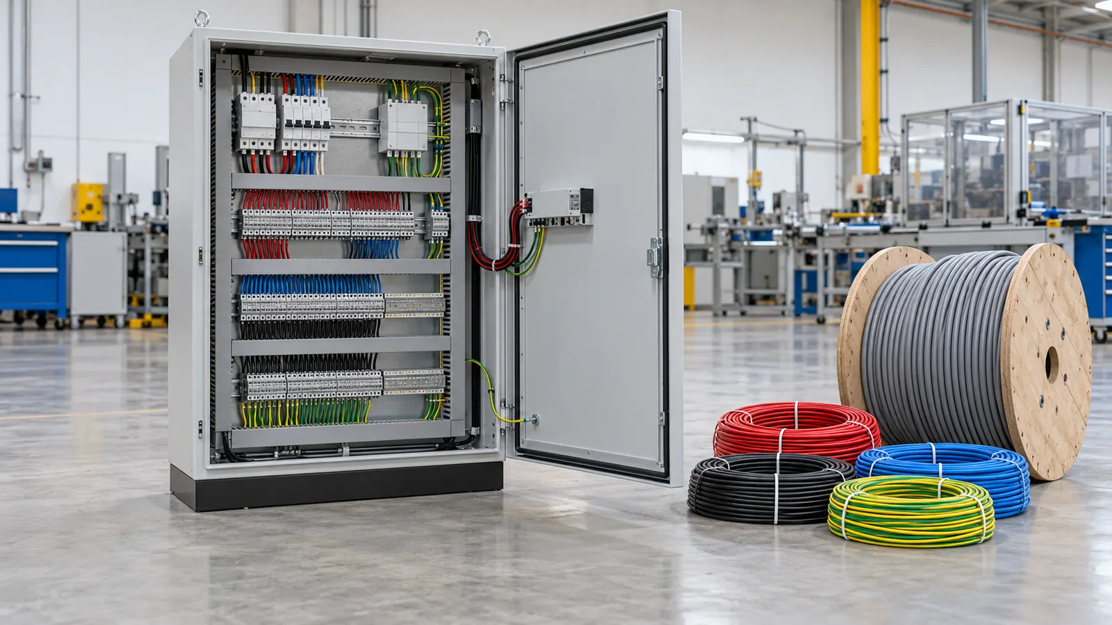 An open machine control cabinet on a factory floor, beside a reel of multicore cable.