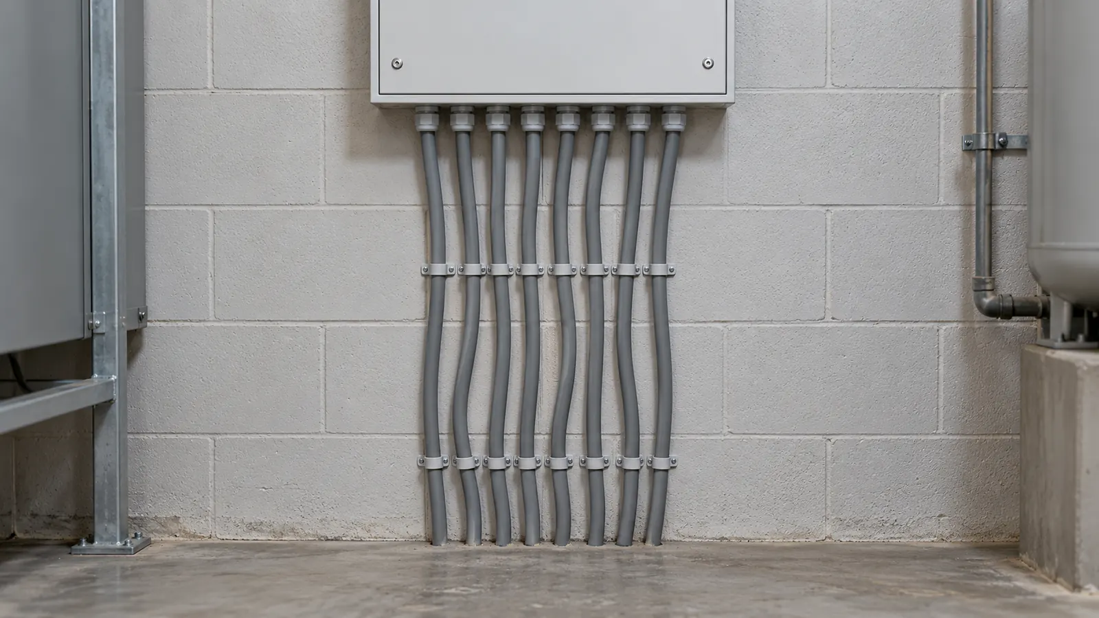 Eight grey multicore cables fixed side by side on a painted block wall in a plant room.