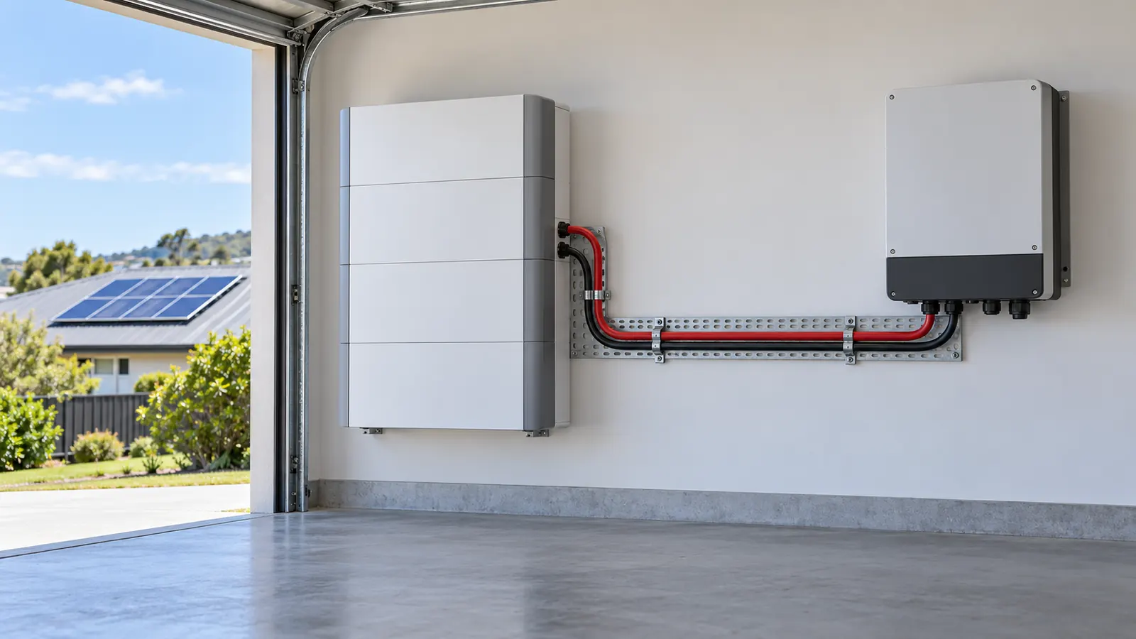 Two heavy single-core cables join a wall-mounted battery bank to an inverter in a garage.