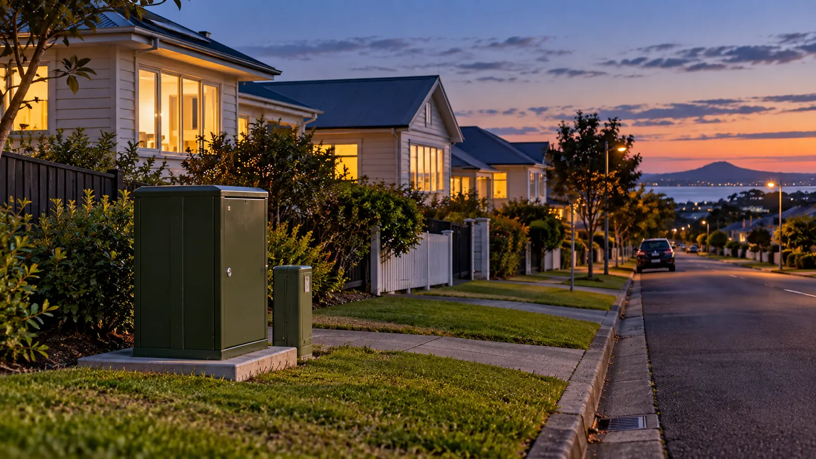 A suburban street at dusk, with some house windows lit and a green supply pillar by the footpath.