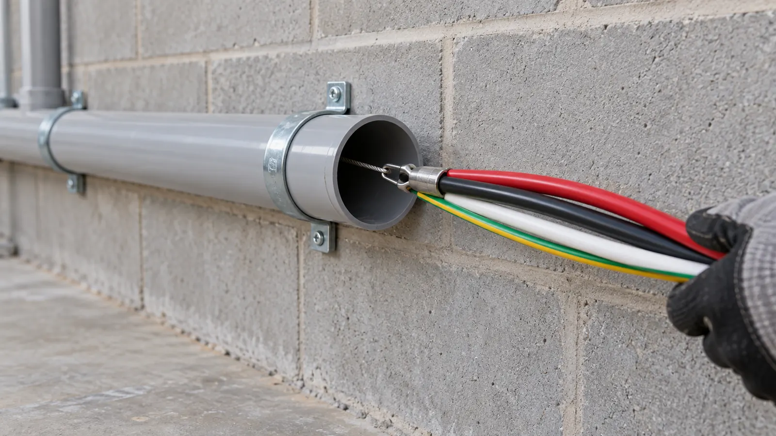 Four single-core cables drawn into a grey PVC conduit fixed to a block wall.