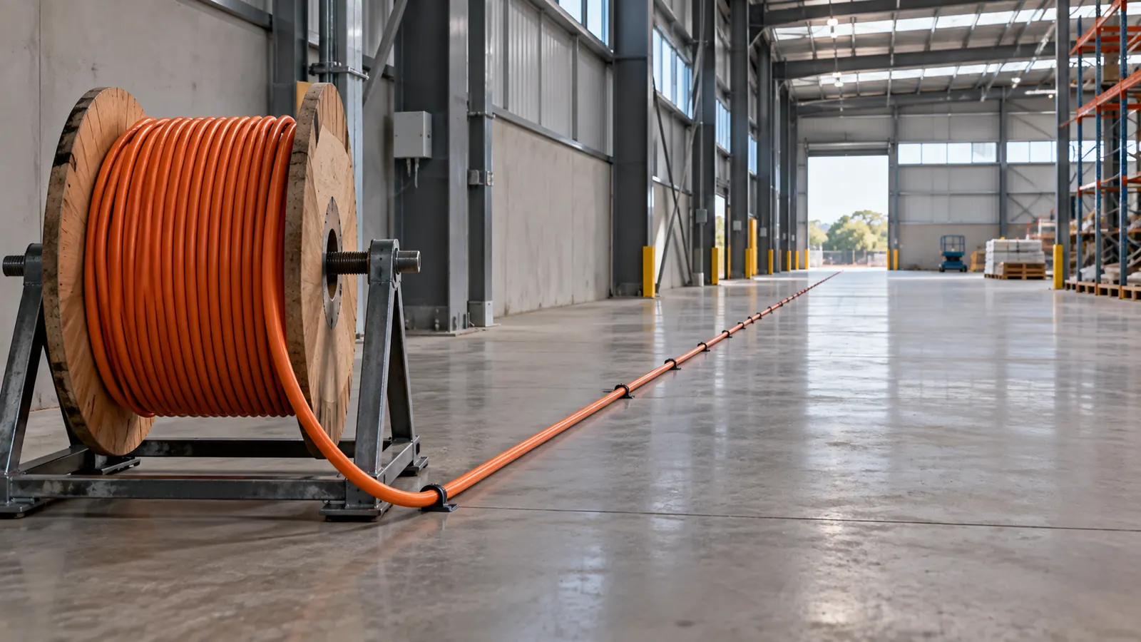 A long run of orange cable laid along an empty warehouse aisle from a cable drum.