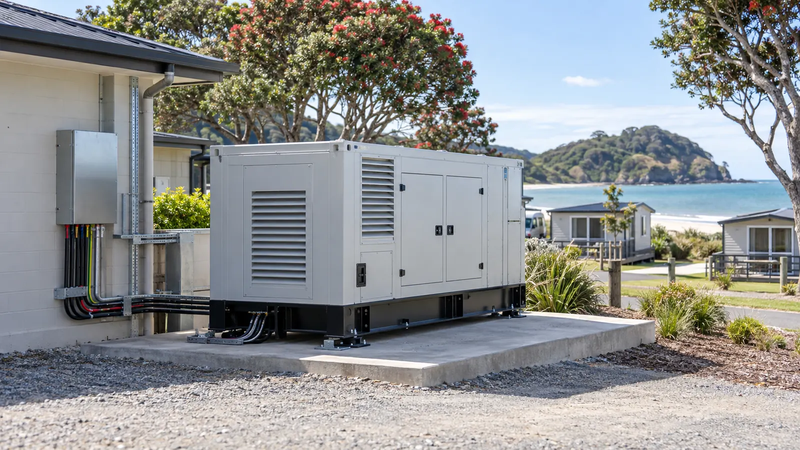 A standby generator behind a holiday park amenities block near a beach.