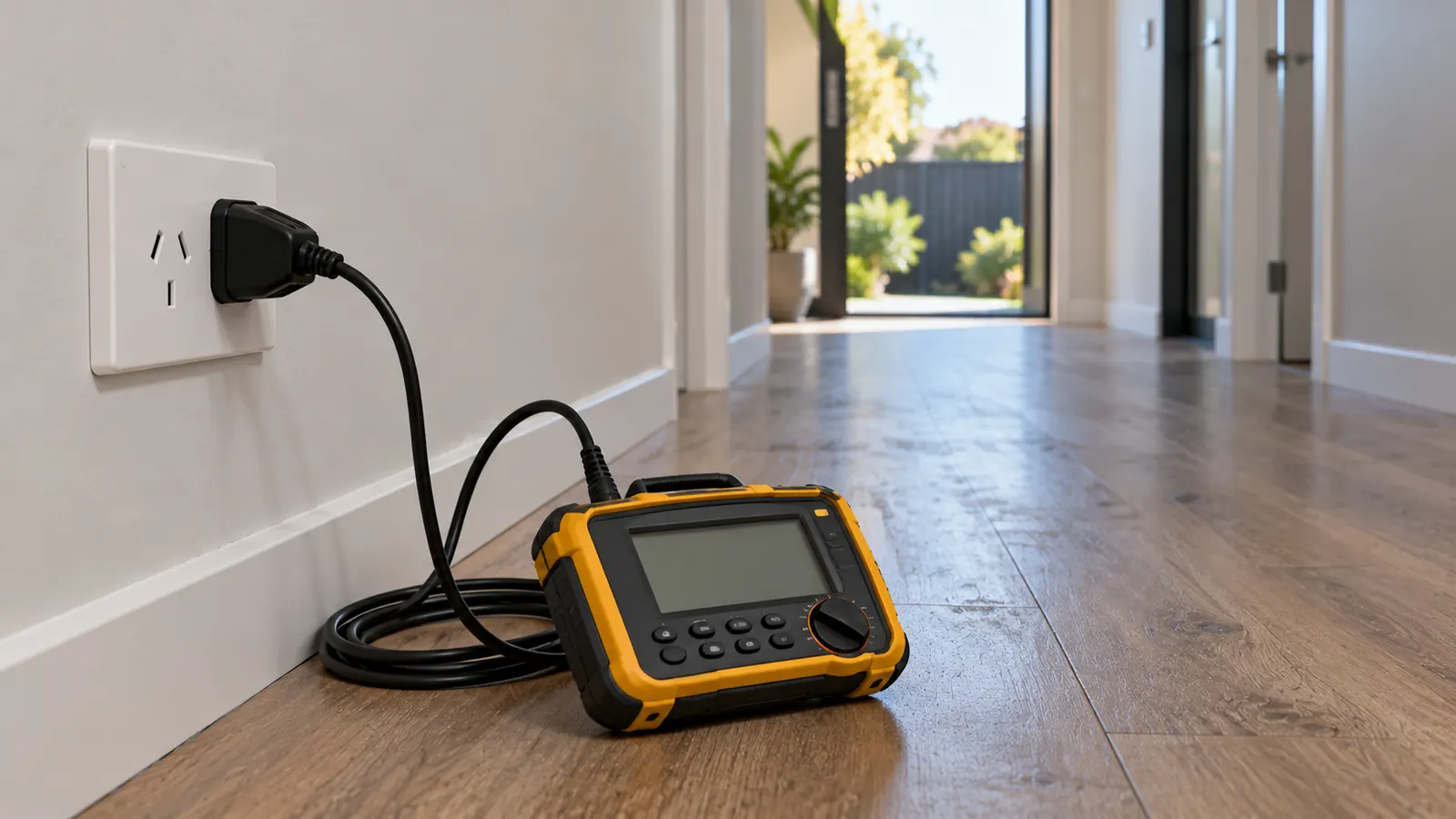 A plug-in loop tester connected to a wall socket outlet in a hallway.
