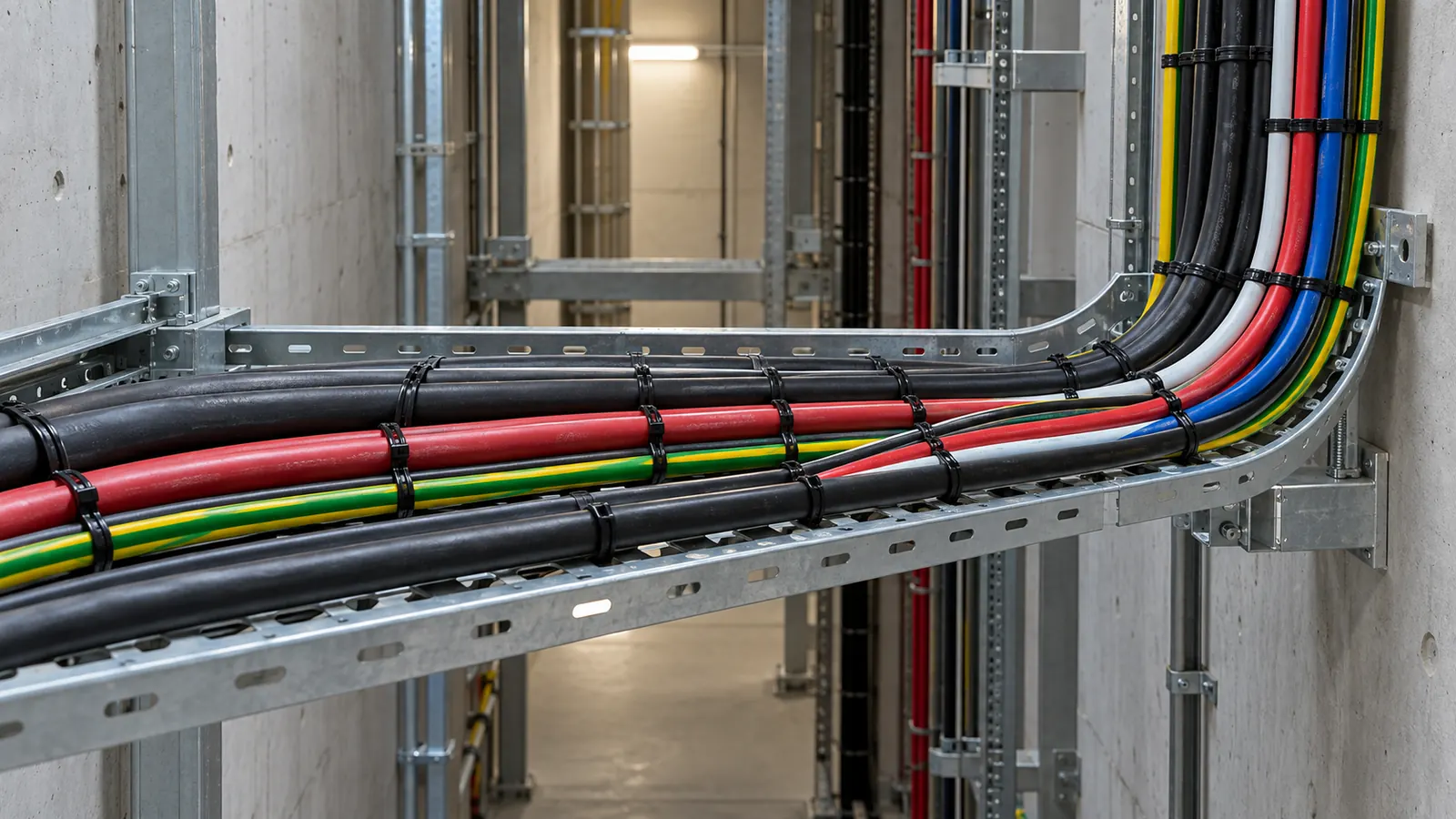 Power cables of several sizes laid side by side on a perforated tray in a riser.