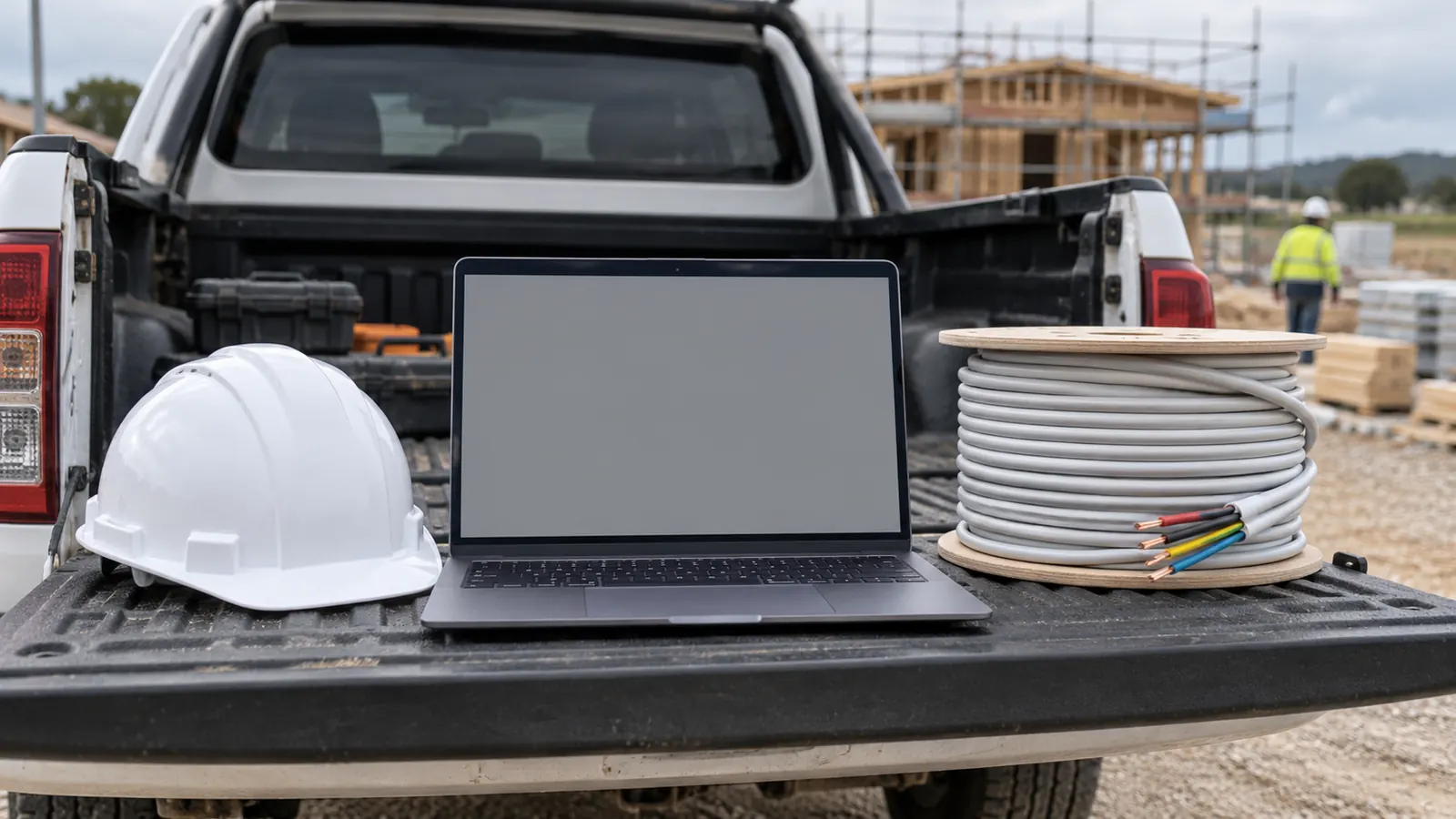 A laptop open on the tailgate of a ute at a building site, beside a hard hat.