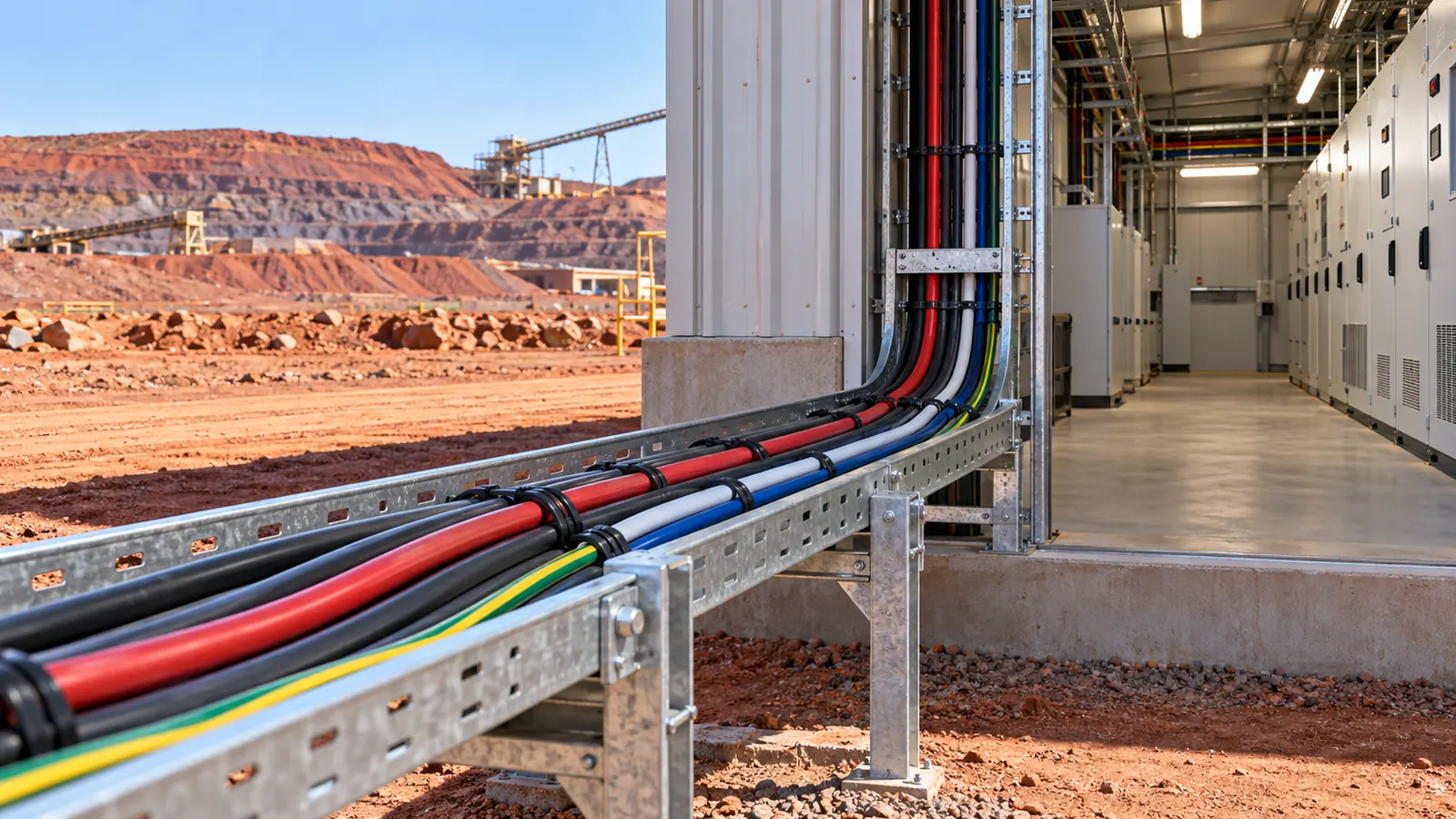 Power cables on a ladder tray running into a switch room at an Australian mine site.