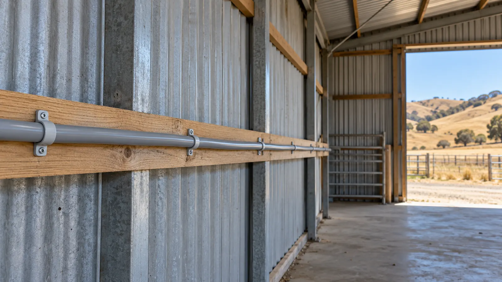 A multicore power cable clipped along a timber batten inside a farm shed on a hot day.