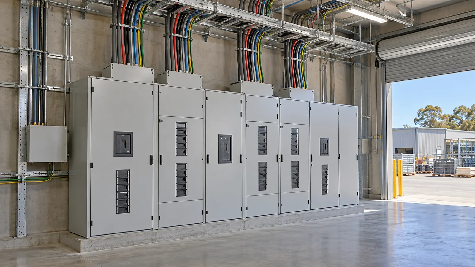 Large multicore power cables drop from a cable ladder into a new main switchboard in a plant room.