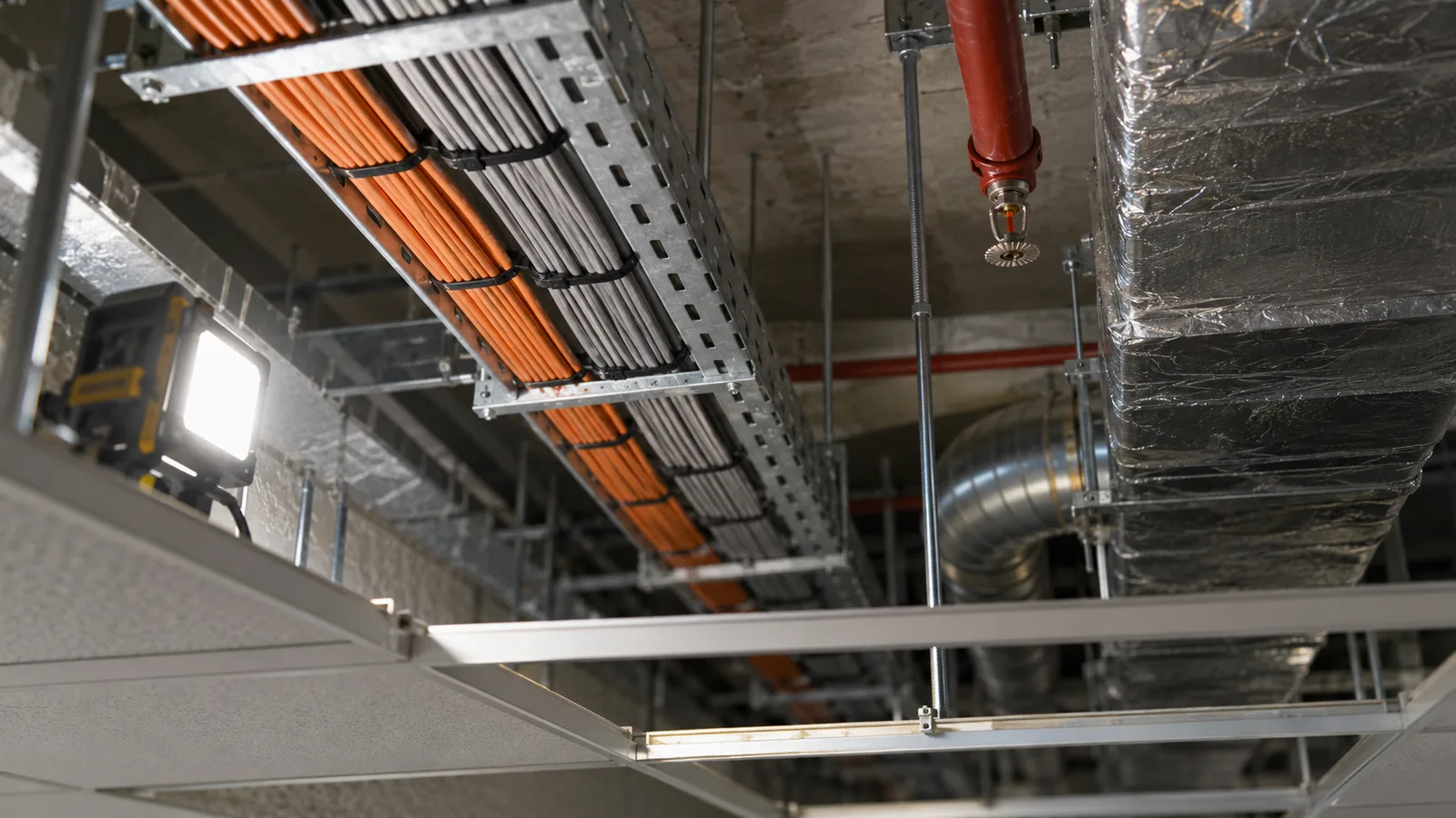 Orange and grey cables on a galvanised tray above a commercial ceiling grid.