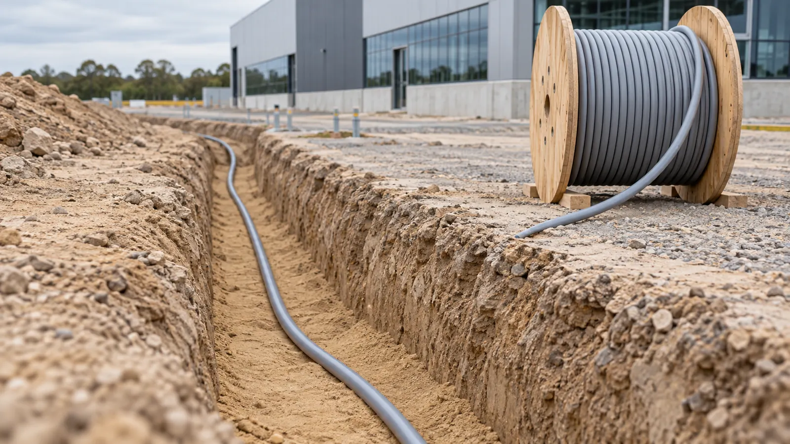 A multicore power cable laid on sand in an open trench beside a new commercial building.