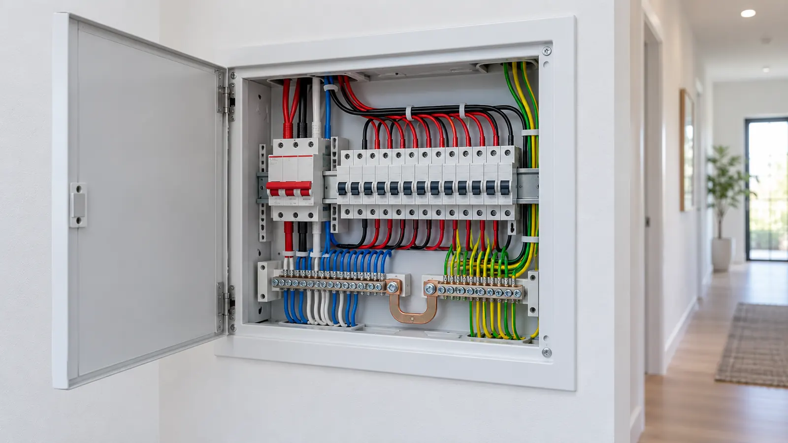 A flush-mounted domestic switchboard in a hallway, with a copper MEN link joining its neutral and earth bars.