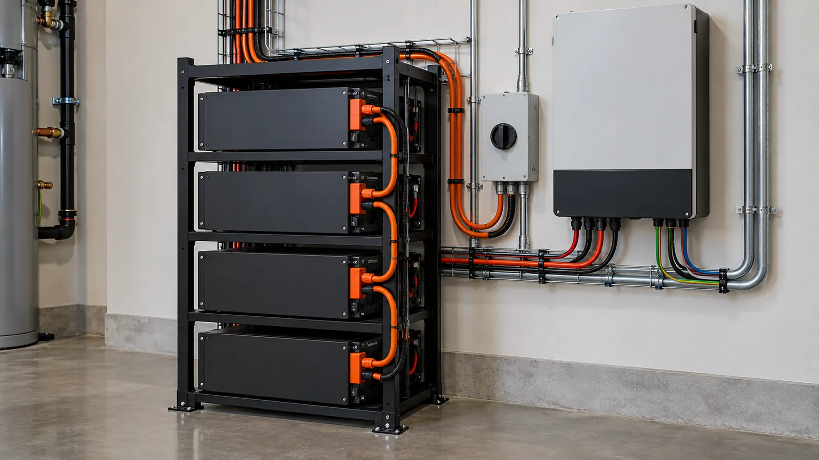 A rack of battery modules beside an inverter and a DC isolator in a plant room.