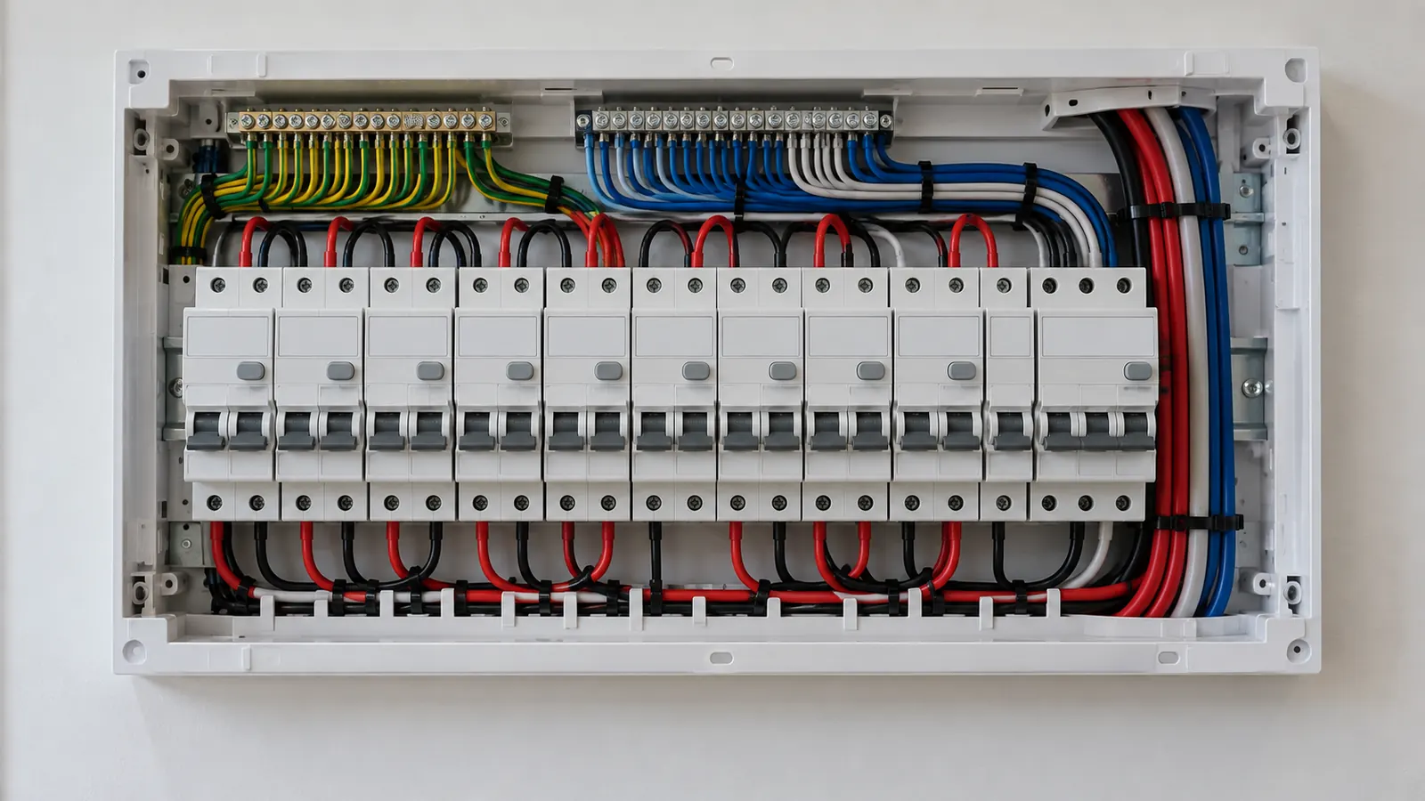 A domestic switchboard with a row of residual current devices, each with a test button.