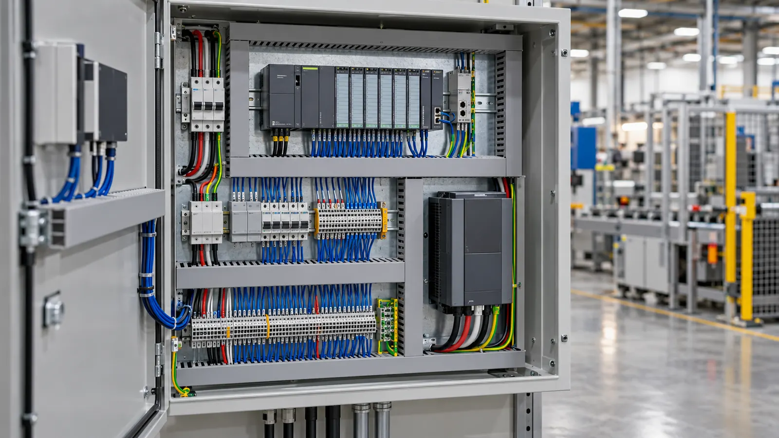 An open control panel with a PLC rack, terminal rails and a variable speed drive.