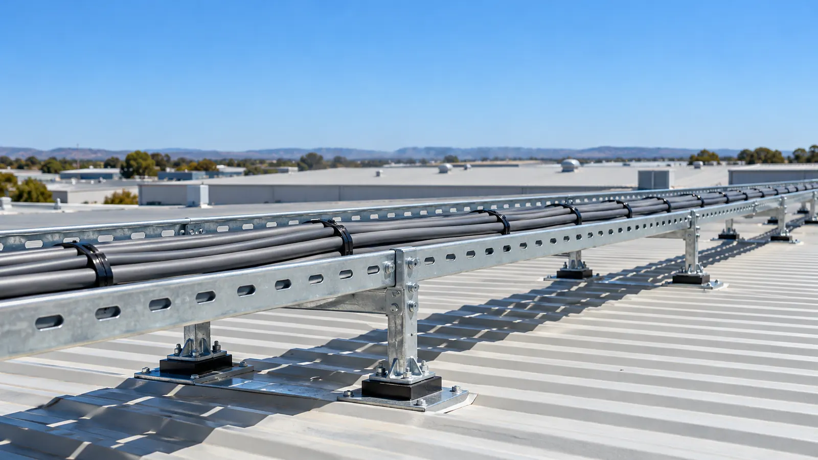 Multicore power cables on a cable ladder crossing a hot, sunlit factory roof.