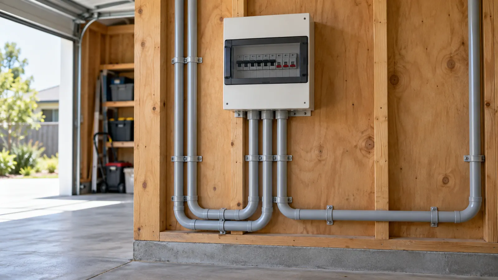 Grey PVC conduits fixed along an unlined garage wall into a switchboard.