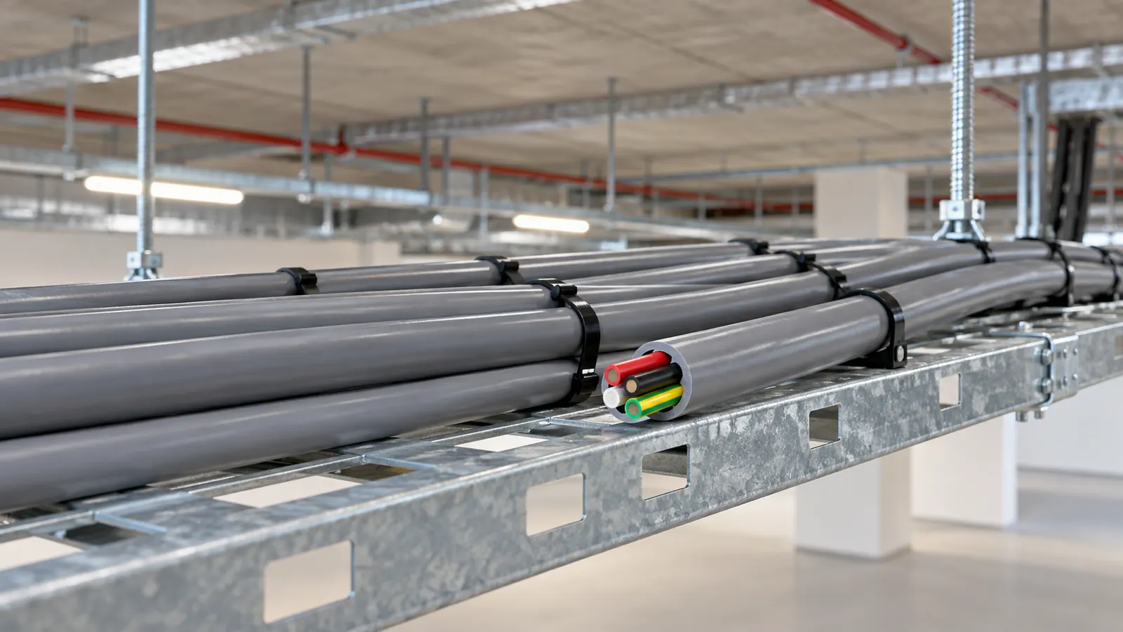 Grey multicore power cables clipped side by side along a cable ladder in a ceiling space.