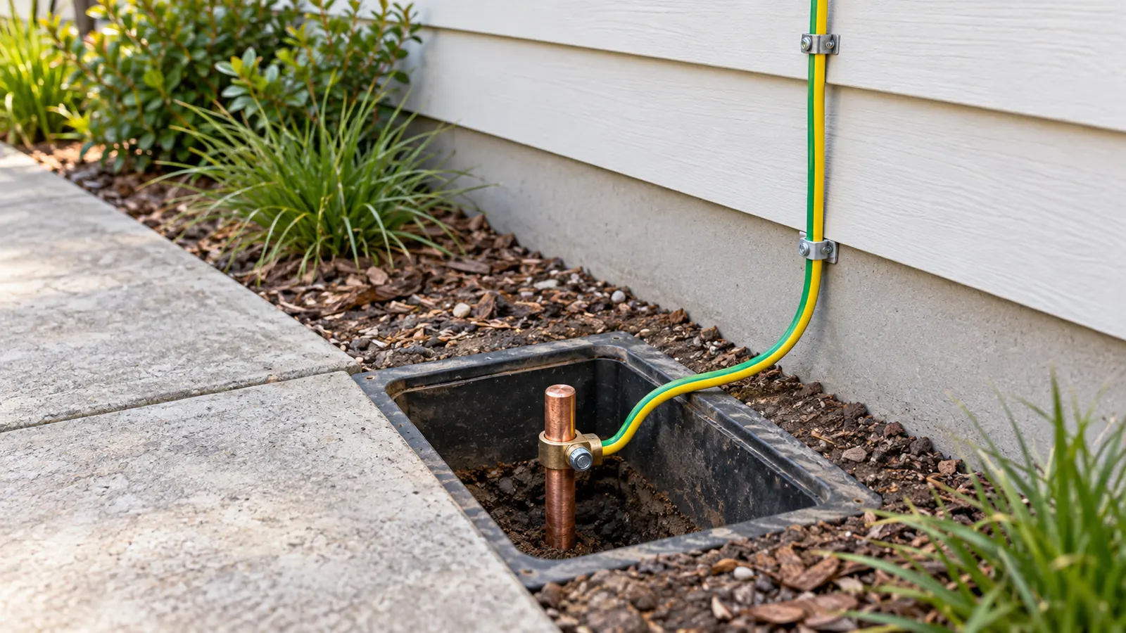 A copper earth rod in an inspection pit, with a green and yellow earthing conductor clamped to it.