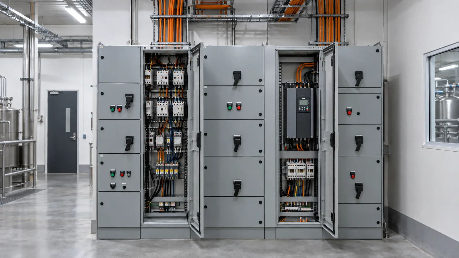 A motor control centre line-up in a plant switchroom, with two panel doors open.