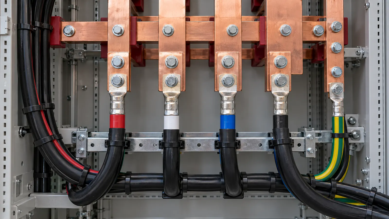 Heavy copper cable lugs bolted to busbars inside a switchboard.