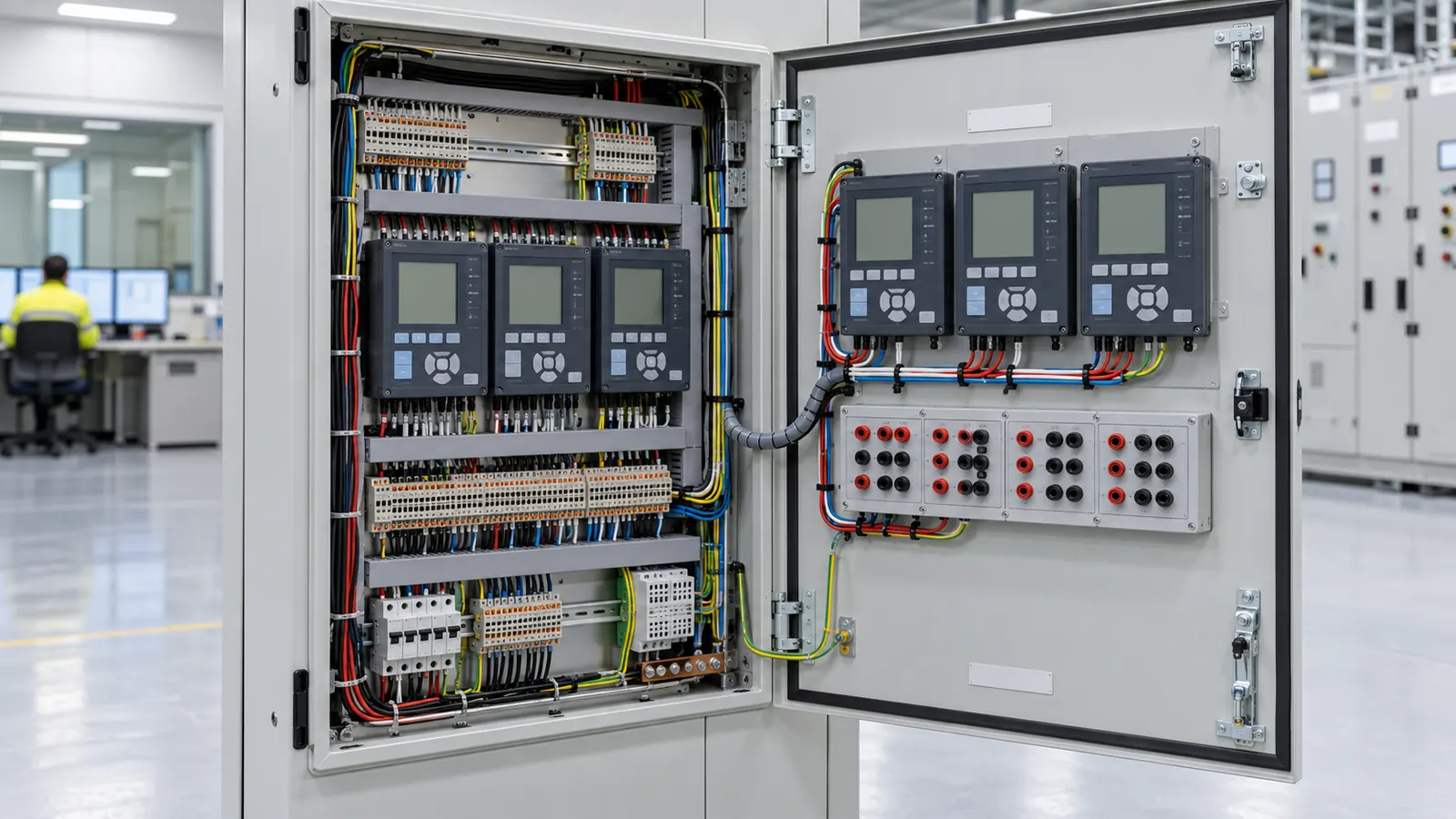 A panel of protection relays with blank displays in a substation control room.
