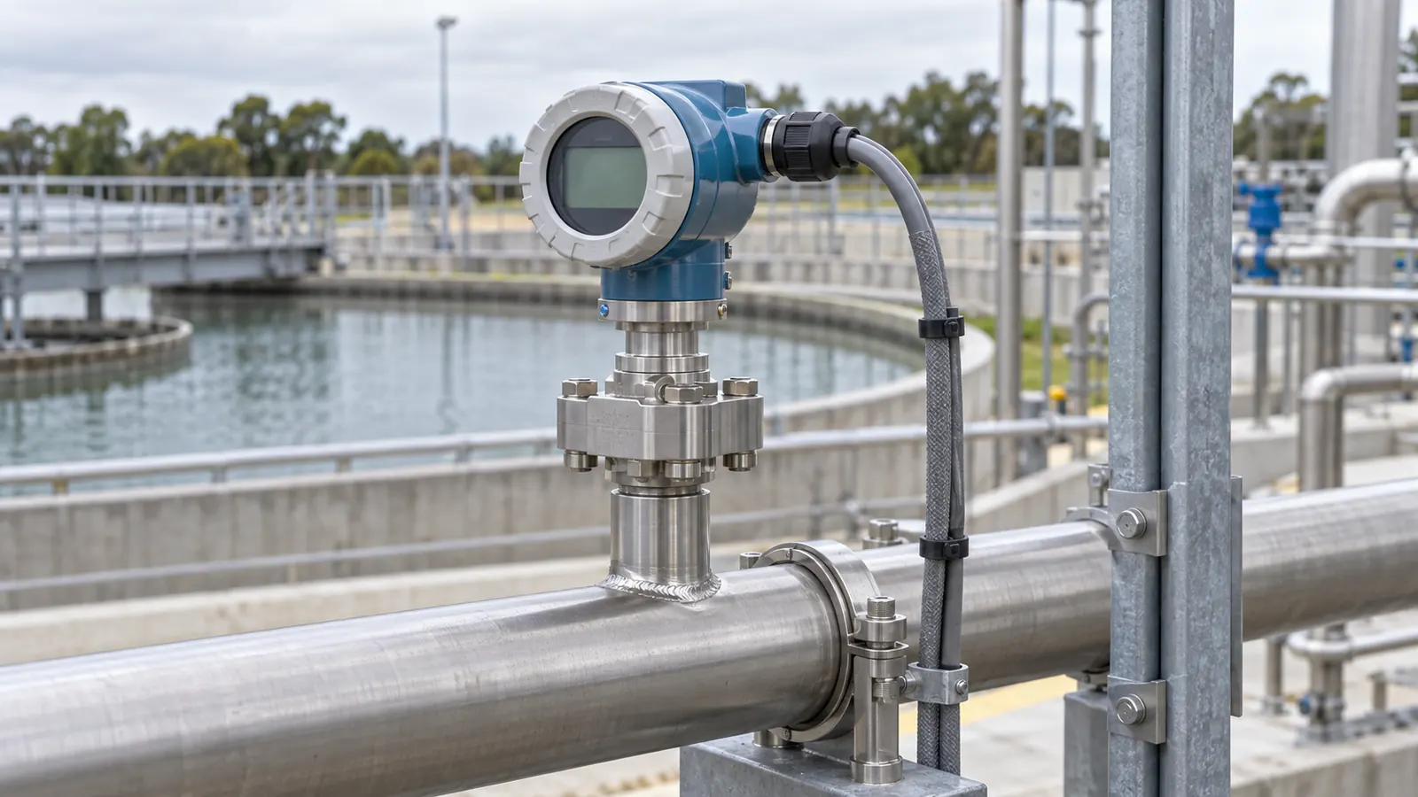 A pressure transmitter on a pipe, with a screened instrument cable entering its gland.