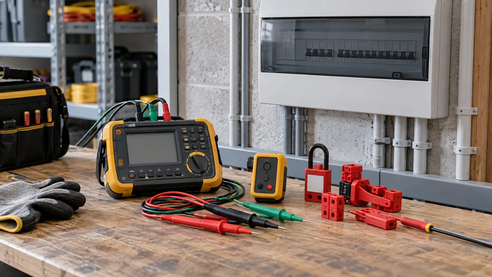 An installation tester, test leads, a proving unit and a lock-out kit on a workbench.