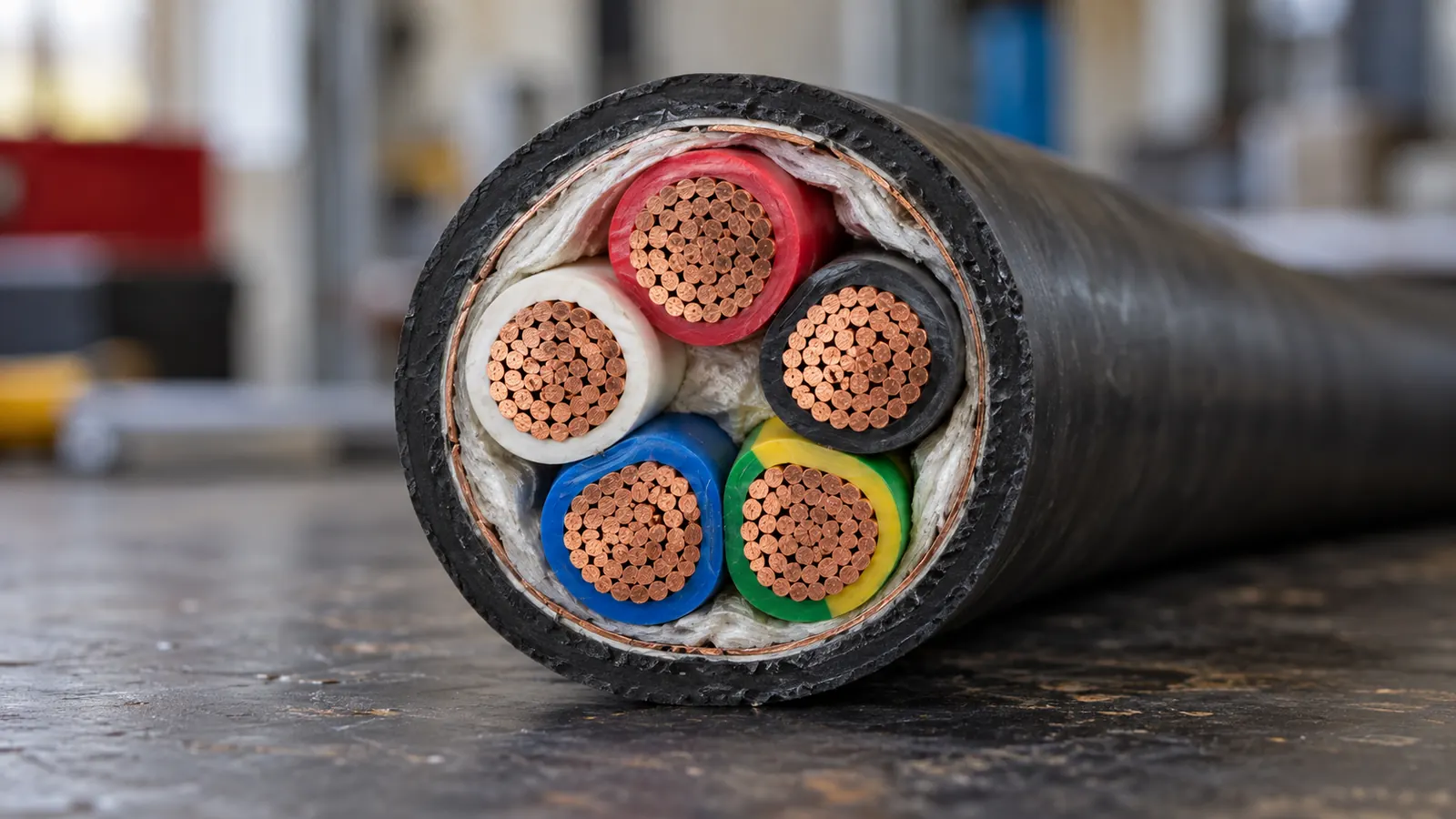 A close cross-section of a copper power cable, showing the strands and the insulation.