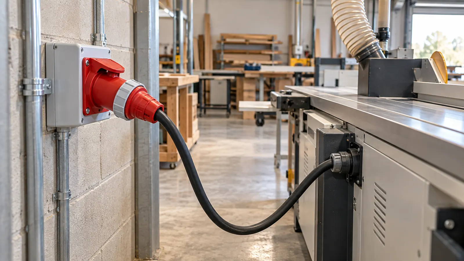 A red three-phase socket outlet with a plug connected, on a workshop wall.