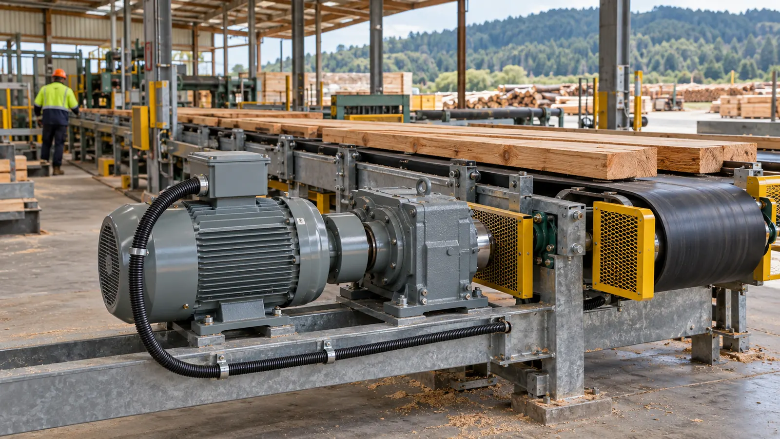 A three-phase motor and gearbox driving a conveyor in a sawmill.