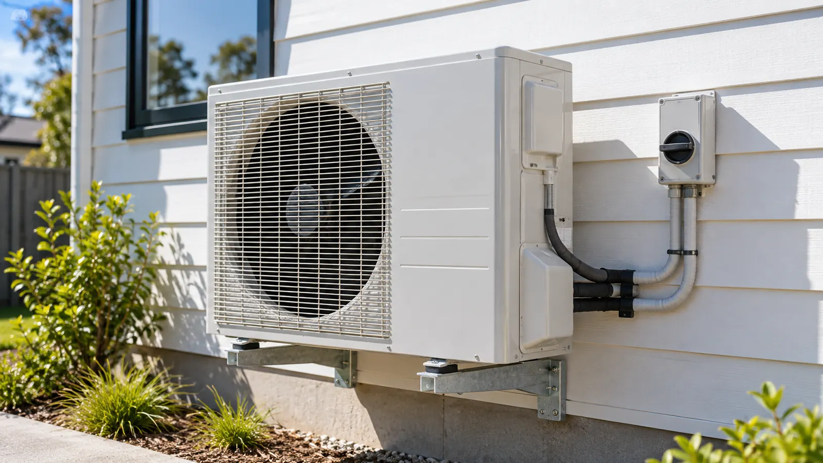A heat pump outdoor unit on a weatherboard wall, with an isolating switch beside it.