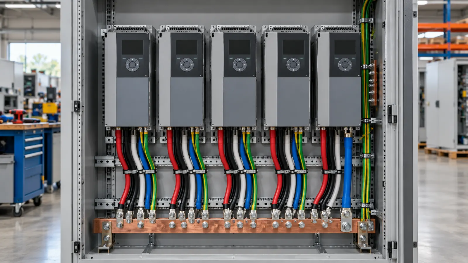 A row of variable speed drives in an open panel, with heavy cables below.