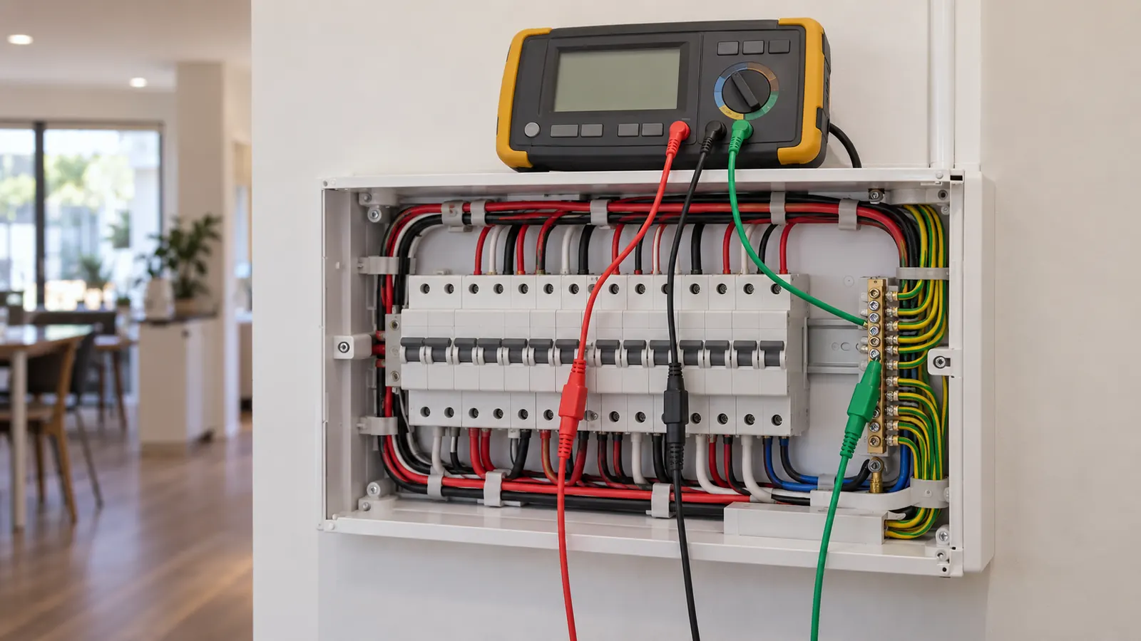 A multifunction tester on top of a switchboard, with its test leads clipped to the circuit breakers.