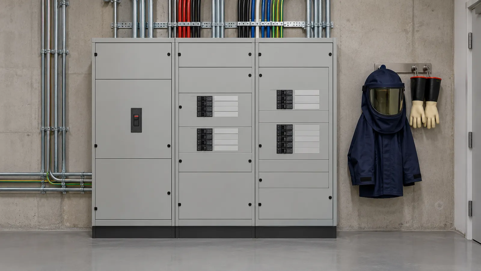 An arc-rated hood, jacket and gloves hanging beside a closed switchboard in a switchroom.