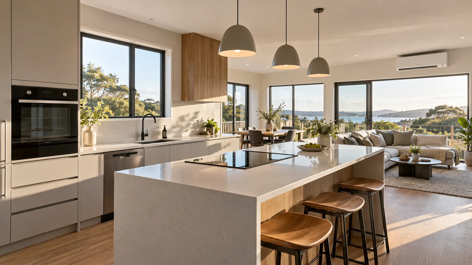 An open-plan kitchen with an induction cooktop, a wall oven and a heat pump unit on the wall.