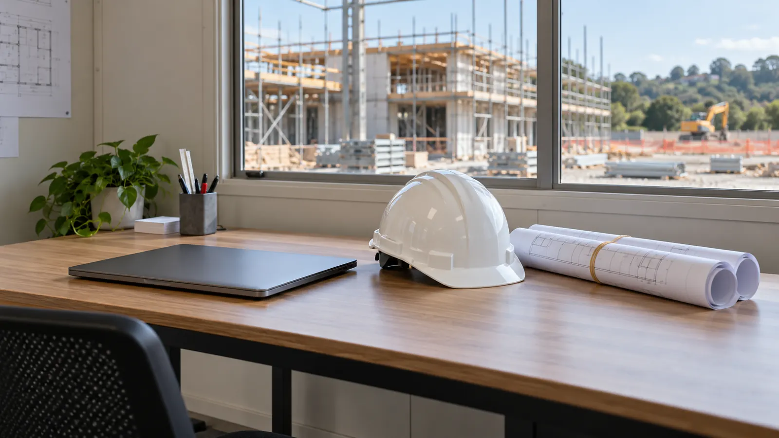 A laptop, a hard hat and rolled drawings on a desk in a site office.